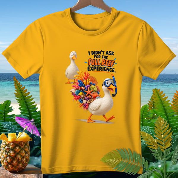Yellow t-shirt with cartoon ducks and coral reef graphic; text reads "I didn't ask for the full reef experience."