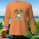 Orange long-sleeve shirt with a polar bear in sunglasses on a beach.