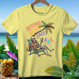Yellow t-shirt with skeleton relaxing on beach, text 