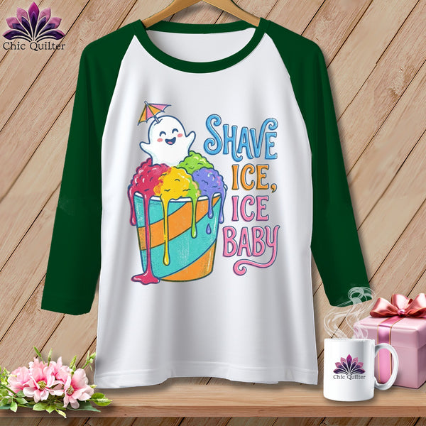 White raglan t-shirt with "Shave Ice, Ice Baby" text and cartoon ghost.