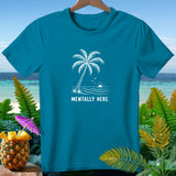 Teal t-shirt with white palm tree, waves, sun, and 