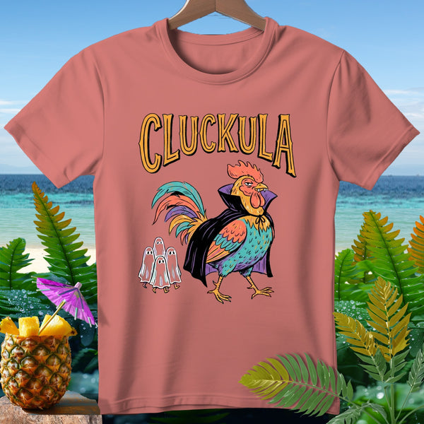 T-shirt with "CLUCKULA" text, a rooster in a cape, and three ghosts.