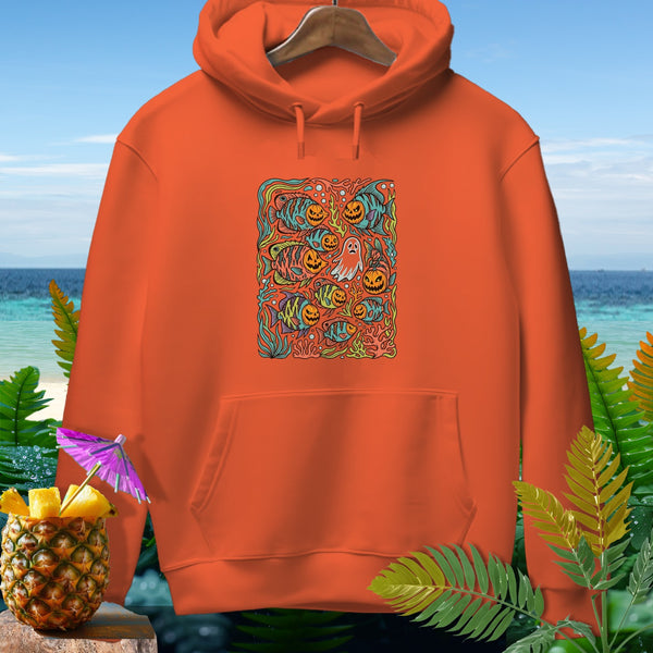 Orange hoodie with a Halloween-themed graphic featuring fish and pumpkins.