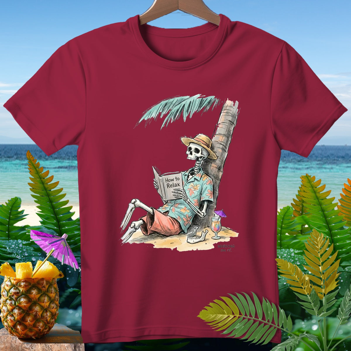 Skeleton wearing a hat and floral shirt reads "How to Relax" by a palm tree.