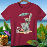 Skeleton wearing a hat and floral shirt reads 