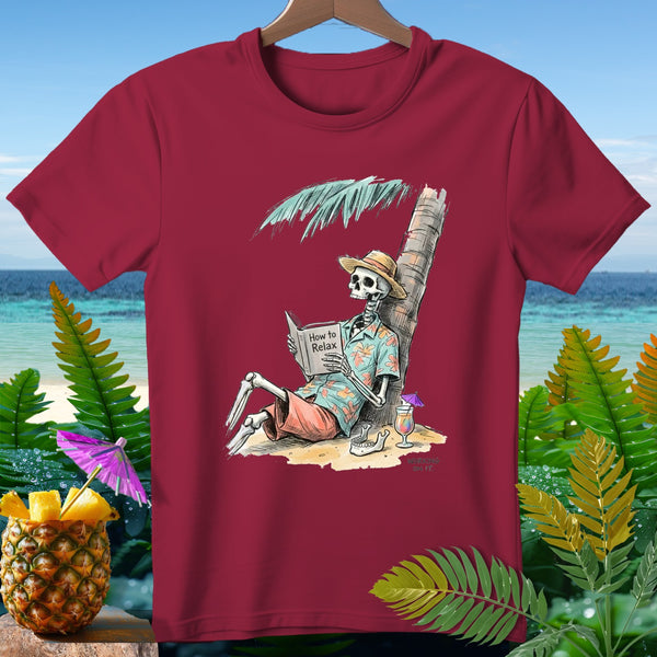 Skeleton wearing a hat and floral shirt reads "How to Relax" by a palm tree.