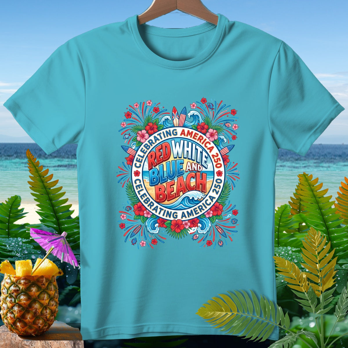 Turquoise t-shirt with "Red, White, and Blue Beach" graphic celebrating America 250.