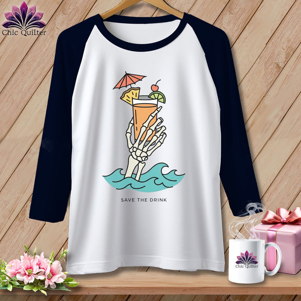 T-shirt with skeleton hand holding cocktail, waves, and text "SAVE THE DRINK".