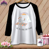 T-shirt with skeleton and ghost on beach, text 