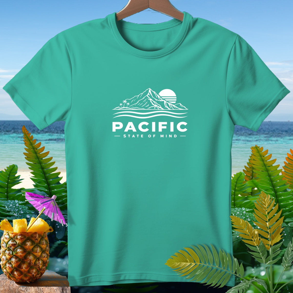 Teal t-shirt with "PACIFIC STATE OF MIND" and mountain graphic.