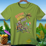 Skeleton lounging in a beach chair with 