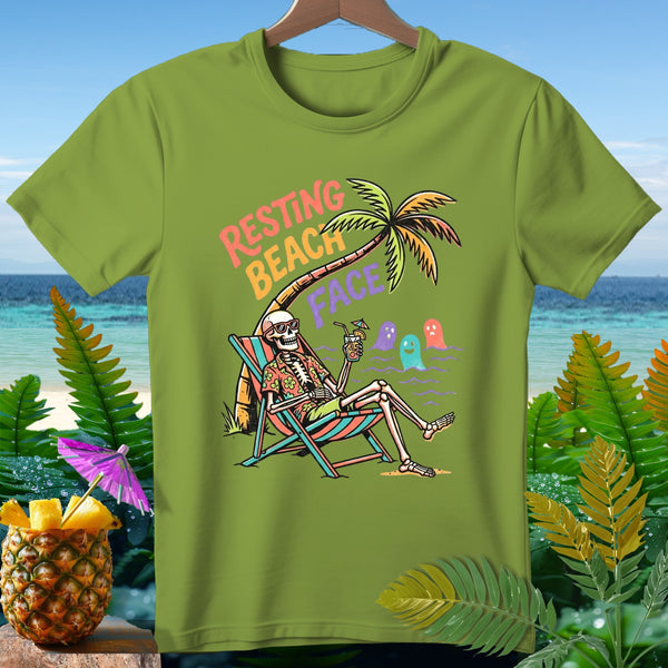 Skeleton lounging in a beach chair with "Resting Beach Face" text and three colorful ghosts.