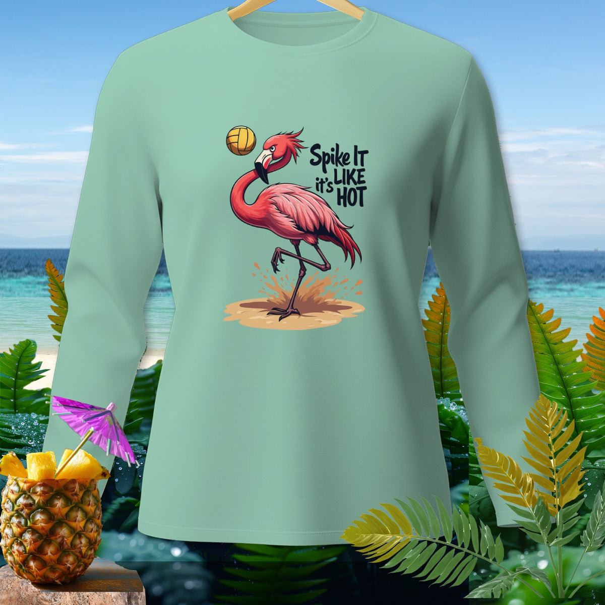 Light green long-sleeve shirt with a flamingo playing volleyball and text "Spike It it's LIKE HOT".