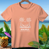 Coral t-shirt with white graphic of palm trees, hammock, and text 