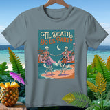 Skeletons dancing on a beach with text 