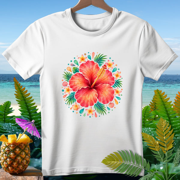 White t-shirt with a floral hibiscus design and tropical foliage background.
