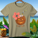 T-shirt with jack-o'-lantern coconut, hibiscus flower, straw, and 