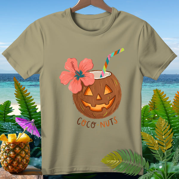 T-shirt with jack-o'-lantern coconut, hibiscus flower, straw, and "Coco NUTS" text.