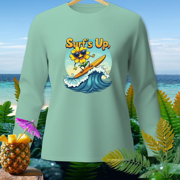 Mint long sleeve shirt with a cartoon sunflower surfing on a wave.