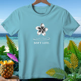 Light blue t-shirt with a flower and text 