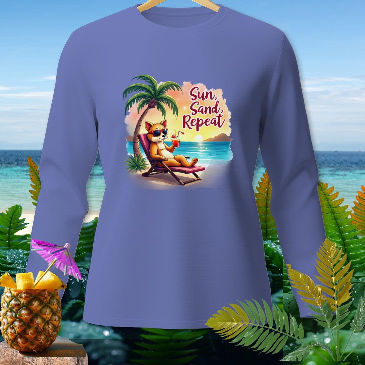 T-shirt with cartoon dog lounging on beach, text "Sun, Sand, Repeat."