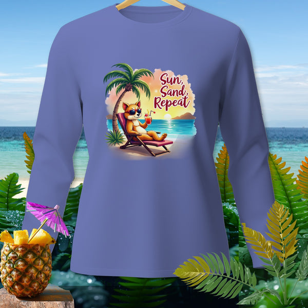 T-shirt with cartoon dog lounging on beach, text "Sun, Sand, Repeat."