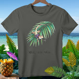Gray t-shirt with cartoon gecko on palm frond and text 