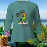 Green parrot graphic with sunglasses and flower, text 