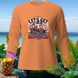 Orange long-sleeve shirt with pirate ship graphic saying 