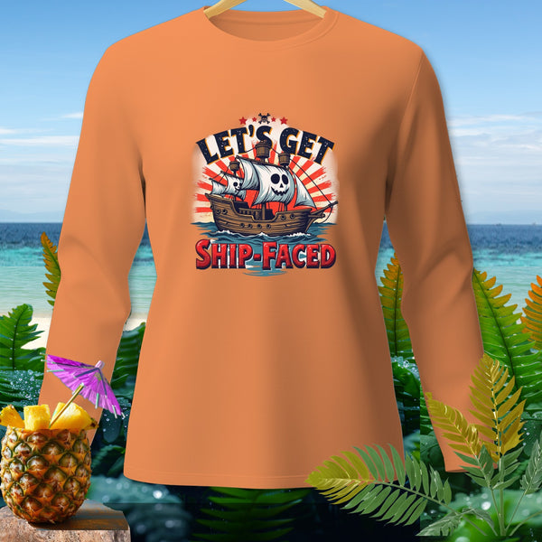 Orange long-sleeve shirt with pirate ship graphic saying "LET'S GET SHIP-FACED".