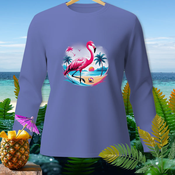Long sleeve t-shirt with a pink flamingo on a beach at sunset graphic.
