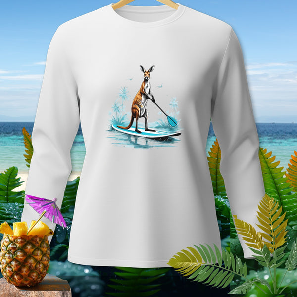 White long-sleeve shirt with graphic of kangaroo paddleboarding on a tropical beach.