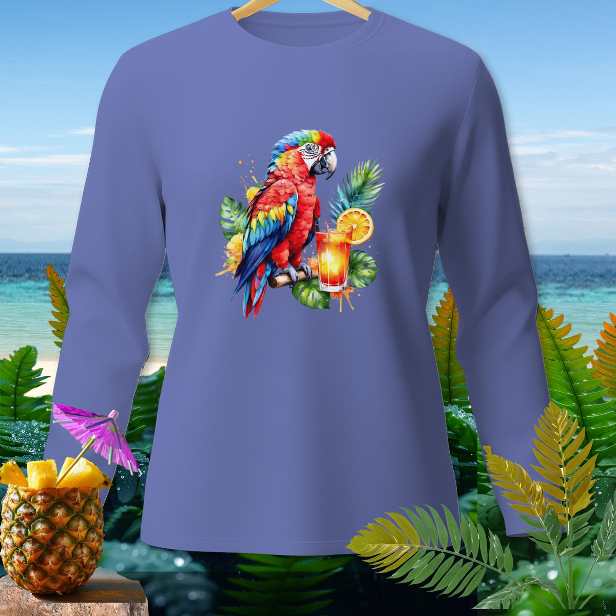 Long sleeve shirt with a colorful macaw, cocktail, and pineapple design.