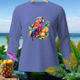Long sleeve shirt with a colorful macaw, cocktail, and pineapple design.