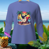 Long sleeve t-shirt with pug wearing sunglasses on beach chair and holding a drink.