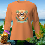 Orange long-sleeve shirt with a graphic of a koala in a hammock on a beach.