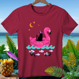 Maroon t-shirt with black cat in witch hat on pink flamingo float.