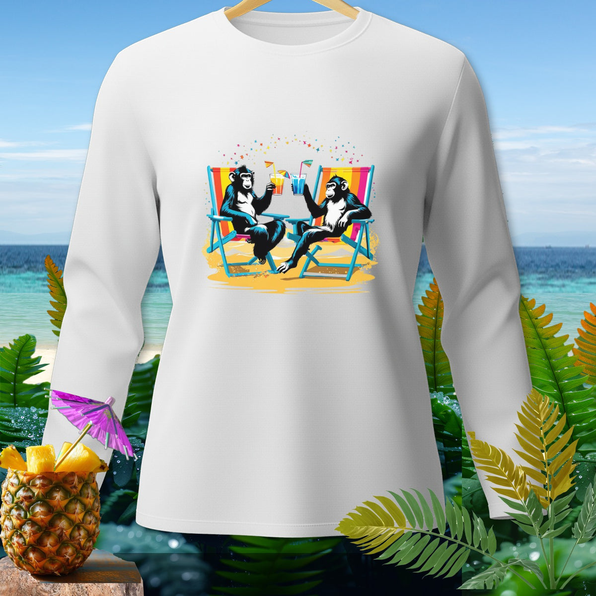 Two monkeys relax in beach chairs toasting drinks, printed on a white long-sleeve shirt.