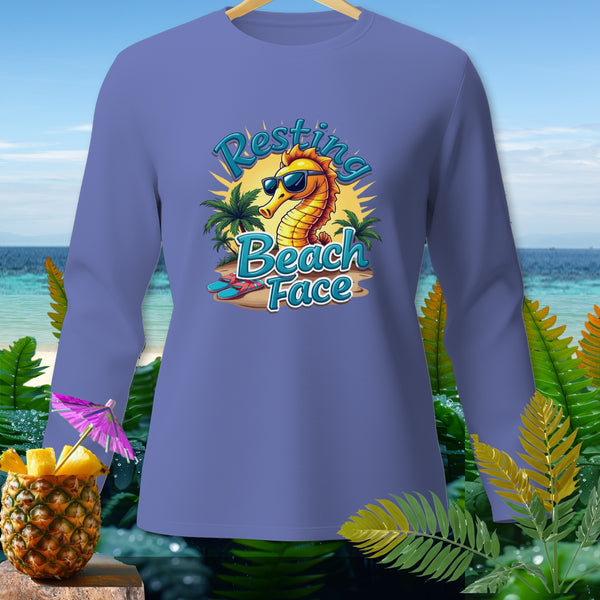 Long-sleeve shirt with cartoon seahorse graphic that reads "Resting Beach Face".