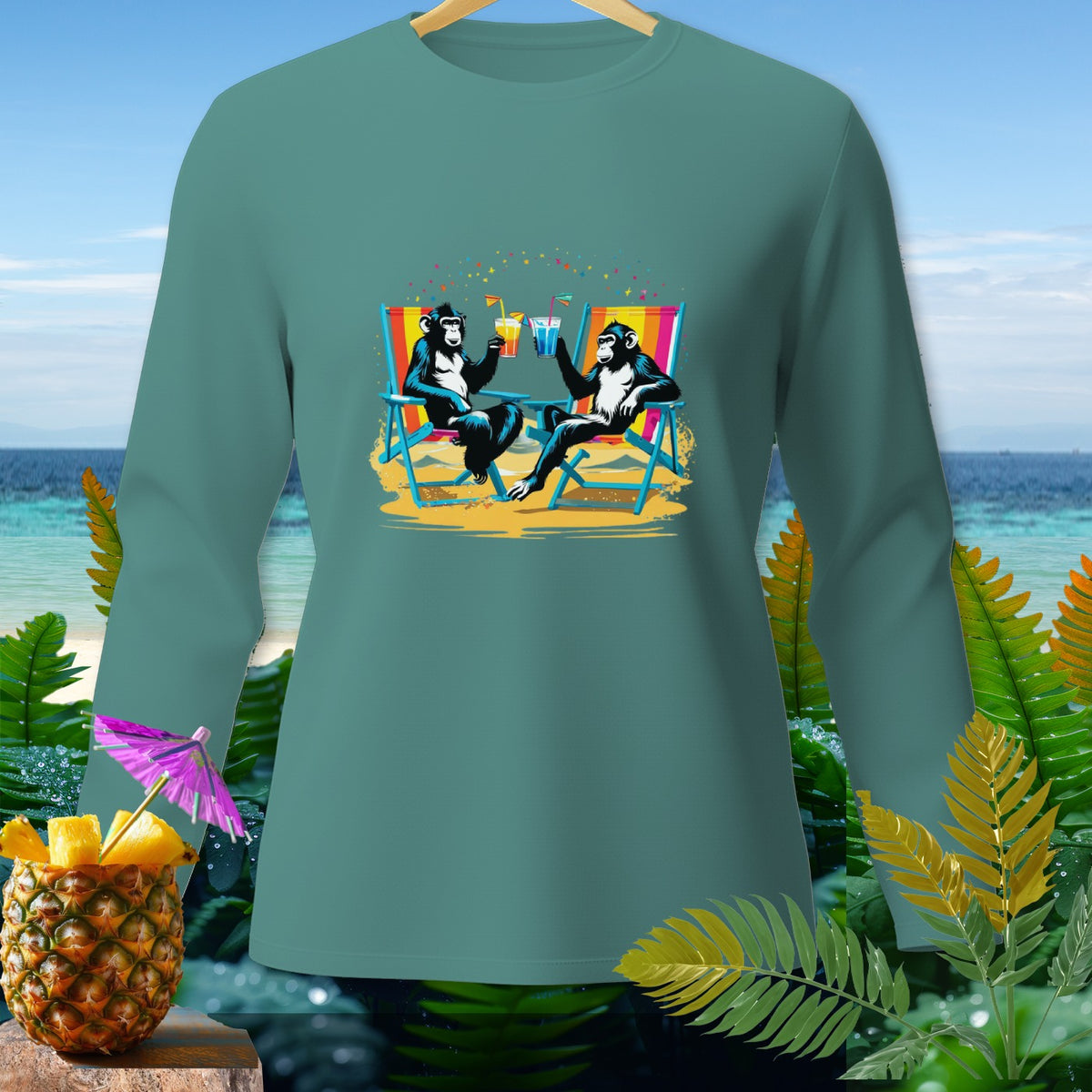 Two chimpanzees toast drinks on beach chairs with a pineapple cocktail.