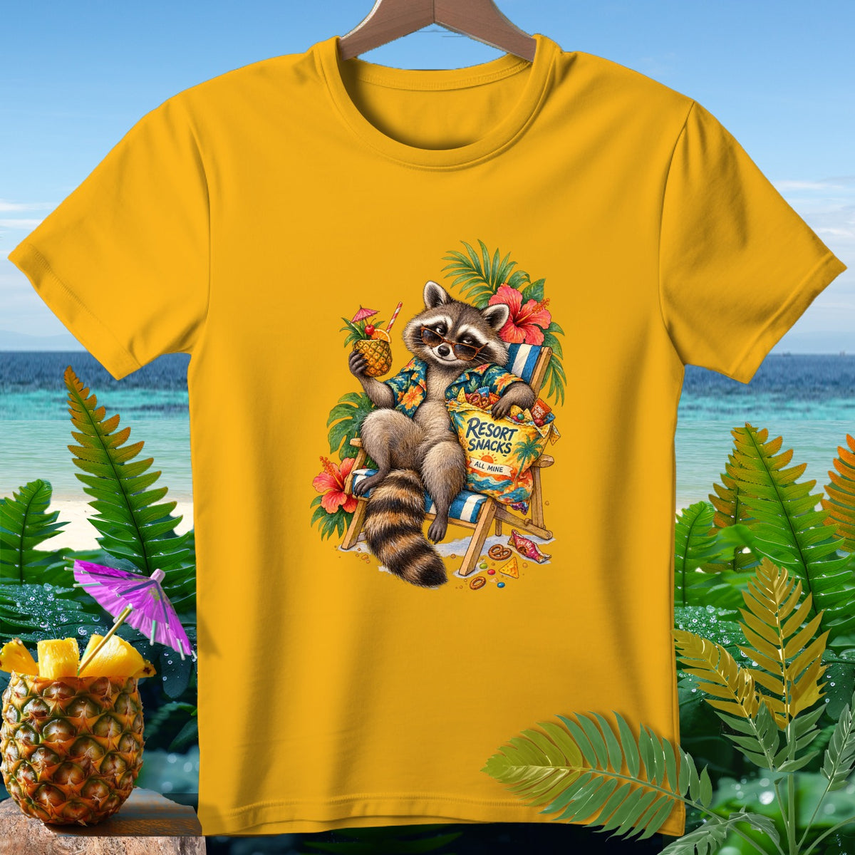 Raccoon in beach chair holding pineapple drink with "Resort Snacks" bag.