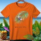 Orange t-shirt with gecko on palm frond, text 
