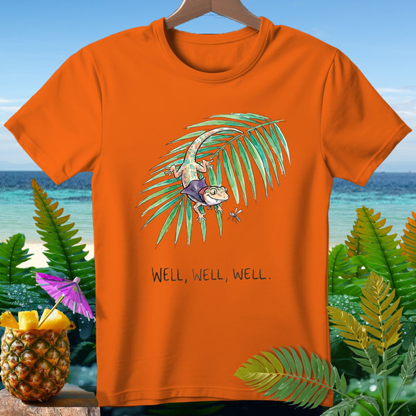Orange t-shirt with gecko on palm frond, text "WELL, WELL, WELL."
