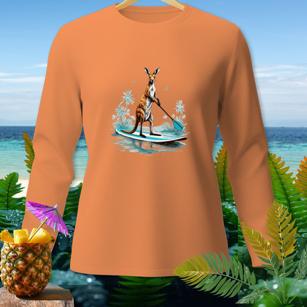 Orange long sleeve shirt with a kangaroo paddleboarding graphic.