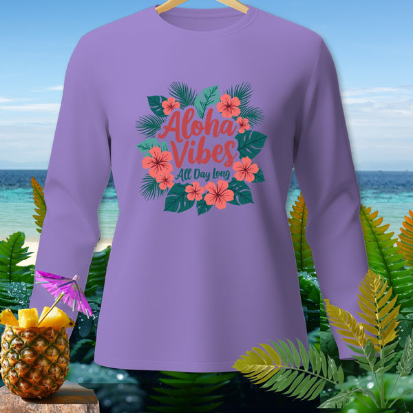 Purple long-sleeve shirt with "Aloha Vibes All Day Long" floral graphic.