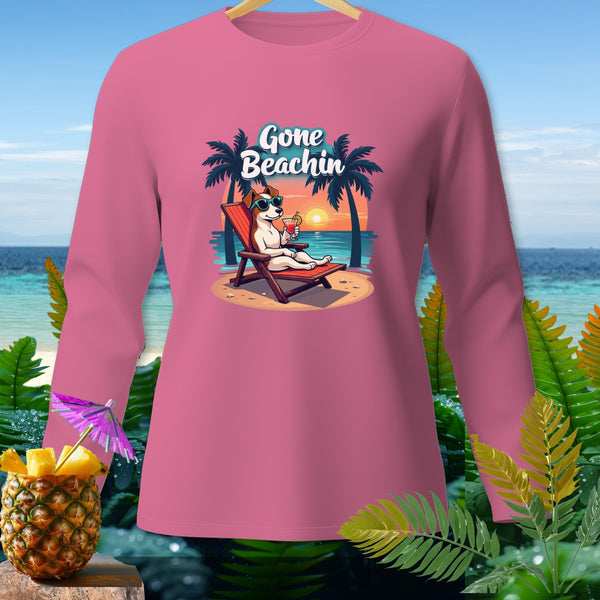 Pink long-sleeved shirt with "Gone Beachin'" graphic of a dog on a beach.