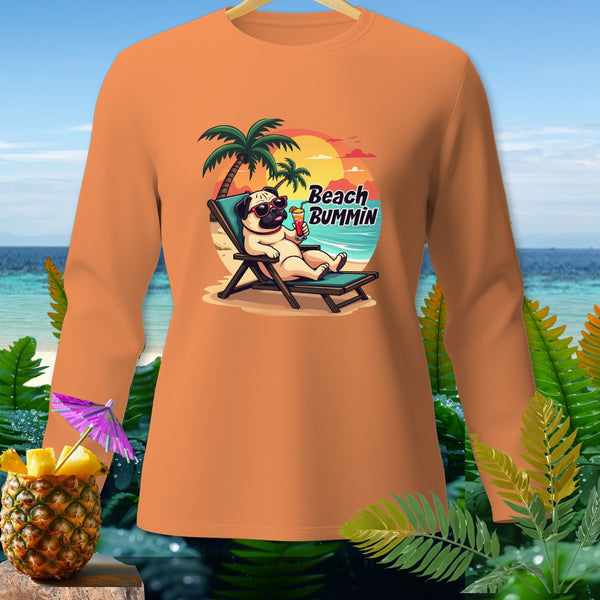 Orange long-sleeve shirt with pug on lounge chair, text "Beach Bummin".