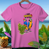 Pink t-shirt with two parrots and text 