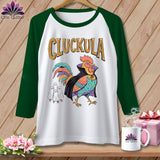 Baseball tee with a rooster in a cape and three ghosts, text 