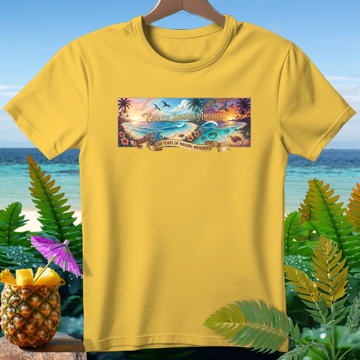 Yellow t-shirt with "Endless Summer America 250 Years of Making Memories" beach graphic.